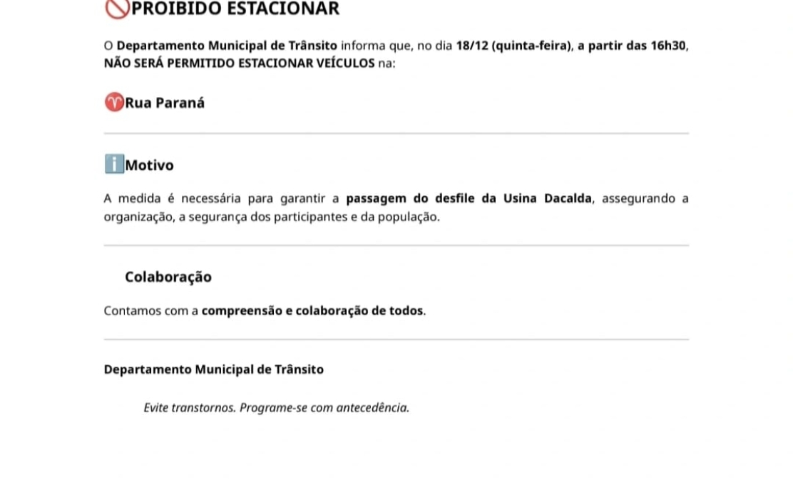 ATENÇÃO: Rua Paraná interditada para estacionar!
