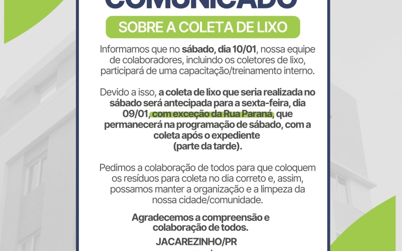 Comunicado Importante: Alteração na Coleta de Lixo