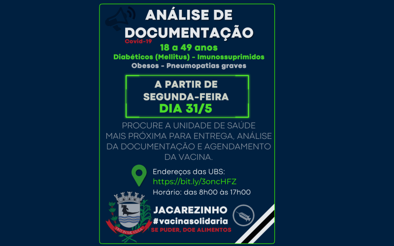 Município abre análise documental para Diabetes Mellitus e Imunosupressão